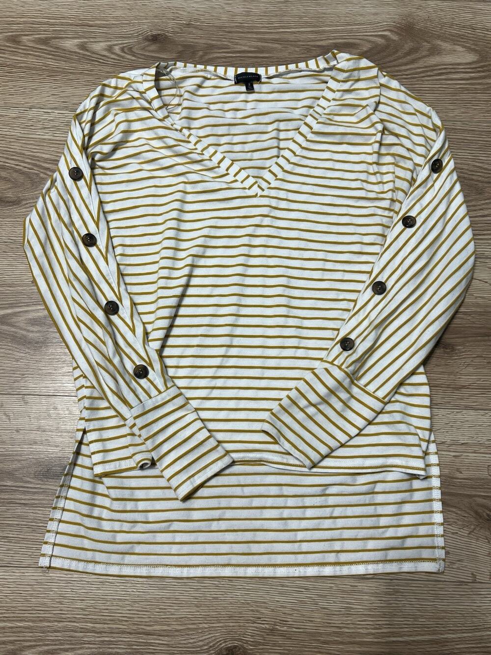 Buckle Black Women's Yellow White Striped Long Sleeve V Button Size Small (A07)